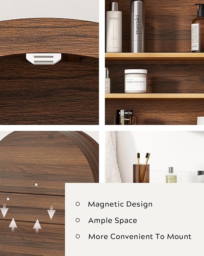 Arched Wall Cabinet with Acrylic Door, Large Wooden Wall Mounted Bathroom Cabinet, Modern Hanging Medicine Cabinet with Adjustable Shelf and Open Shelf, Brown/Oak