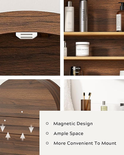 Arched Wall Cabinet with Acrylic Door, Large Wooden Wall Mounted Bathroom Cabinet, Modern Hanging Medicine Cabinet with Adjustable Shelf and Open Shelf, Brown/Oak