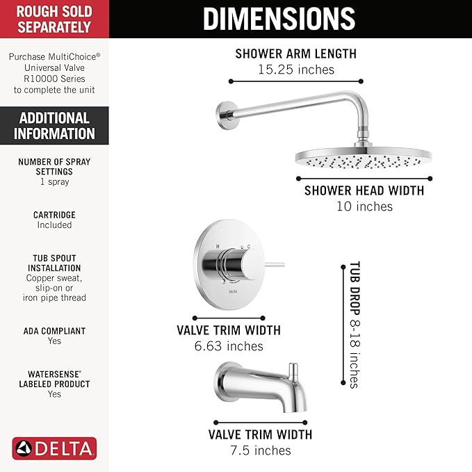 Delta Modern 14 Series Round Rain Bathtub and Shower Faucet Set, Rainfall Chrome Shower Head and Handle Set, Valve Trim Kit, 10 Inch, Chrome T14469-PP (Valve Not Included)