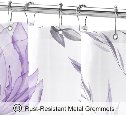 Purple and Grey Boho Watercolor Floral Shower Curtain, Ink Painting Style Blossom & Leaf Shower Curtains for Chic Elegant Bathroom, Artistic Fabric Cloth Flower Shower Curtain, 72x72