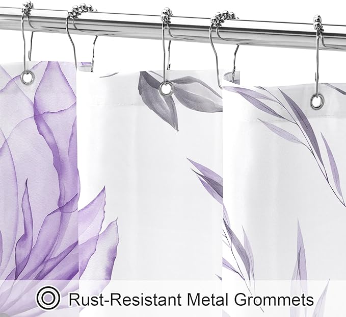 Long Boho Watercolor Floral Shower Curtain 72 x 78, Purple and Grey Ink Painting Style Flower Shower Curtains for Chic Elegant Bathroom, Artistic 78 Inch Long Fabric Shower Curtain
