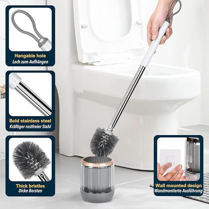 Toilet Bowl Brush and Holder 2 Pack Long Handle Toilet Brush for Bathroom with Separate Base for Floor and Wall Mounted Plastic Toilet Brush Set Under The Rim Household Cleaning (White)