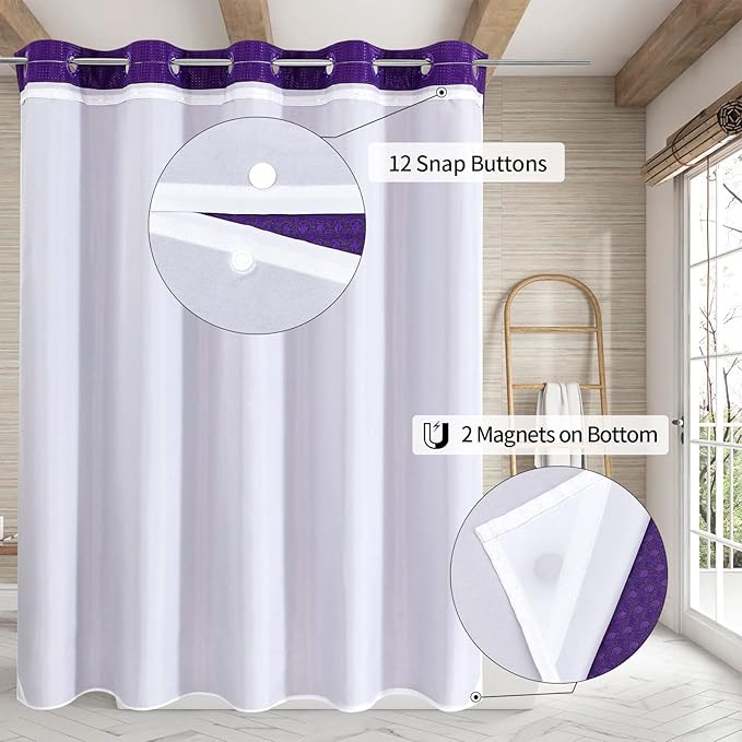 MitoVilla No Hooks Required Purple Waffle Shower Curtain Liner Set, Modern Heavyweight Fabric Shower Curtain Set with Snap-in Liner for Hotel Grade Spa-Like Bathroom Decor, Lavender, 72 x 74