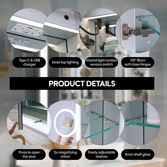 WELLFOR 36 x 32 Inch LED Medicine Cabinet with Lights, 3X Magnification Makeup Mirror, Bathroom Vanity Mirror Cabinet with Storage, Anti Fog, Surface or Recess Mount, Double Opening Door