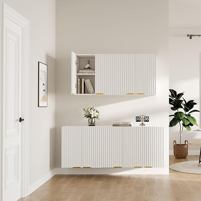 ChooChoo Bathroom Wall Cabinet, Kitchen Storage Cupboard Cabinet with 2 Doors, Fluted Laundry Room Cabinet for Bathroom, Kitchen, Garage, White
