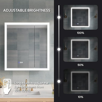 WELLFOR 30 x 32 Inch LED Medicine Cabinet with Lights, 3X Magnification Makeup Mirror, Bathroom Vanity Mirror Cabinet with Storage, Anti Fog, Surface or Recess Mount, Double Opening Door
