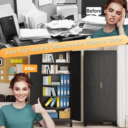 75" Tall Metal Kitchen Pantry Storage Cabinet, Freestanding Cupboard with 2 Doors and 5 Adjustable Shelves, Standing Storage for Kitchen, Bathroom, Garage, Dinning Room or Utility Room（Black）