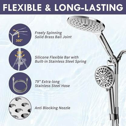 HOWUWEY Filtered Dual Shower Head with Handheld Spray Combo for Hard Water, 7.5-inch Modern High Pressure Shower Head with 9-mode Handheld and Filter, 79-inch Hose (Filtered, Chrome)