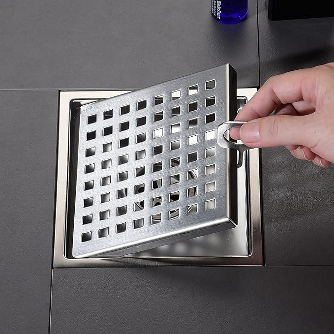 6 Inch Square Shower Floor Drain, Grille with Removable Cover, SUS304 Stainless Steel Brushed Nickel