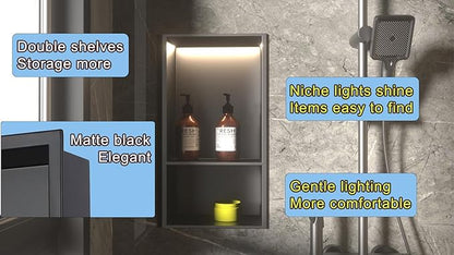 Black LED Shower Niche Stainless Steel 304 for Bathroom Storage Lighting,No Tile Need Recessed Wall Double-Shelves for Waterproof Lighting and Storage，Matte Black, 18" * 12"