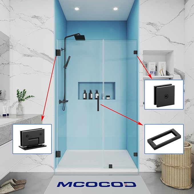 Shower Door Hardware Kit for Frameless Inline Hinged Doors, Includes Hinges, Square Pull Handles and Clamps, for 5/16"–3/8" Glass, Suitable for Bathtub or Standing Shower Setup, Matte Black