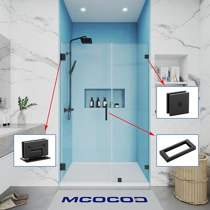 Shower Door Hardware Kit for Frameless Inline Hinged Doors, Includes Hinges, Square Pull Handles and Clamps, for 5/16"–3/8" Glass, Suitable for Bathtub or Standing Shower Setup, Matte Black