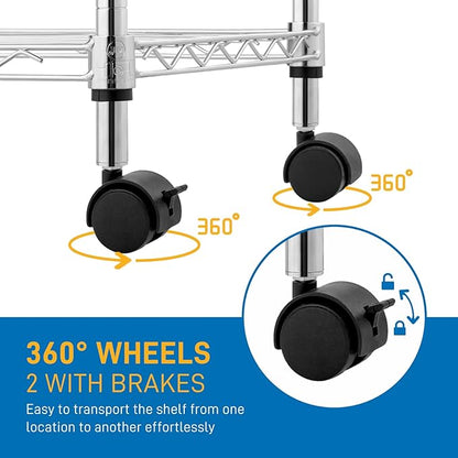 5 Tier Storage Racks Shelving, Heavy Steel Pantry Shelves, Adjustable Wire Shelving Rack with Wheels, Suitable for Garage, Kitchen, Bathroom, Office, 35" W x 14" D x 65" H, Chrome