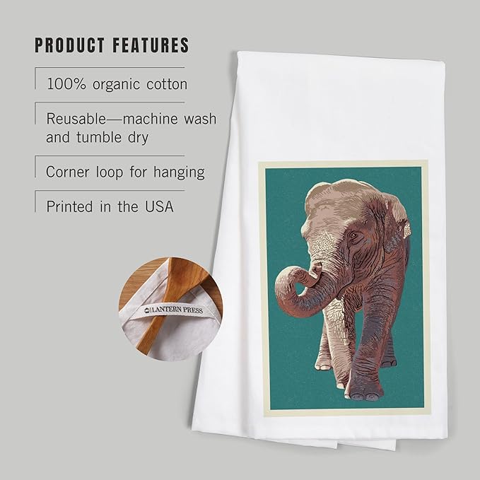 Asian Elephant, Letterpress (100% Cotton Tea Towel, Decorative Hand Towel, for Kitchen and Home)