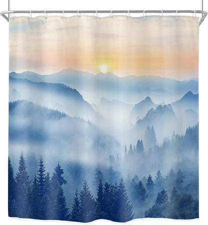 Riyidecor Misty Mountain Shower Curtain 72Wx72H Inch Blue Sunrise Scenery Foggy Woodland Greenery Smokey Tree Nature Pine Scenic Rustic Bathroom Decor Fabric Polyester Waterproof 12 Pack Hooks