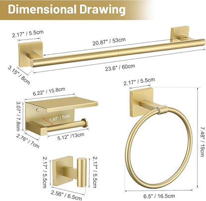TURS 5-Pieces Brushed Gold Bathroom Hardware Set 23.6 Inch SUS304 Stainless Steel Towel Bar Set Wall Mounted Square Toilet Paper Holder with Shelf