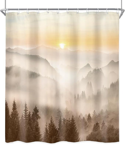 Riyidecor Misty Mountain Shower Curtain 60Wx72H Inch Brown Sunrise Nature Scenery Foggy Pine Tree Woodland Modern Natural Landscape Men Cool Bathroom Decor Fabric Polyester Waterproof 12 Pack Hooks