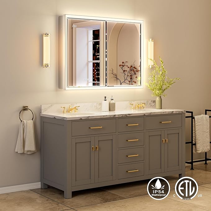 40x30 Beveled Lighted Medicine Cabinet with Mirror & Lights, Surface or Recessed Mirrored Medicine Cabinet with Outlet & Clock, Anti-Fog Dimmable LED Storage Cabinet, Built-in Sensor Light