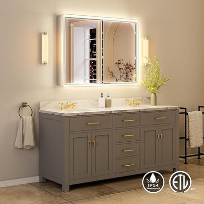 40x30 Beveled Lighted Medicine Cabinet with Mirror & Lights, Surface or Recessed Mirrored Medicine Cabinet with Outlet & Clock, Anti-Fog Dimmable LED Storage Cabinet, Built-in Sensor Light
