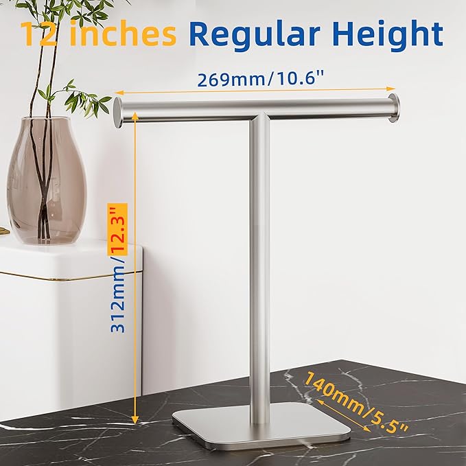 RUACQ T-Shape Hand Towel Holder Stand, Weighted Base Towel Rack, 12" Countertop Towel Holder for Bathroom, 304 Stainless Steel, Heavy Duty (Brushed Nickel, 2 Pack)