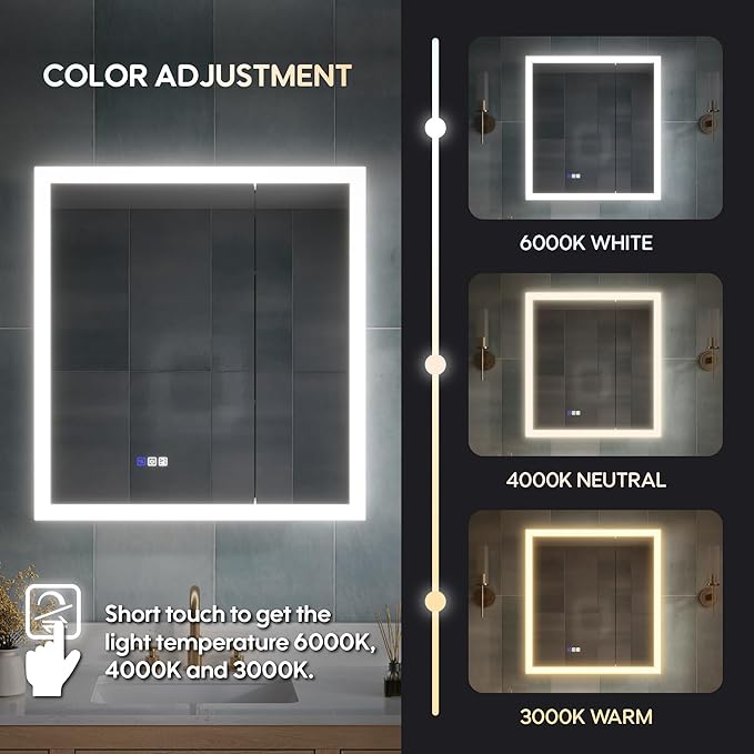 WELLFOR 30 x 32 Inch LED Medicine Cabinet with Lights, 3X Magnification Makeup Mirror, Bathroom Vanity Mirror Cabinet with Storage, Anti Fog, Surface or Recess Mount, Double Opening Door
