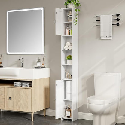 RRX Tall Slim Bathroom Storage Cabinet with 2 Doors,Adjustable Shelves,7.87''L*7.87''W*67''H, Narrow Cabinet with Anti-Tip for Toilet Paper Corner,Small Spaces, Kitchen,Bathroom (Milky White)