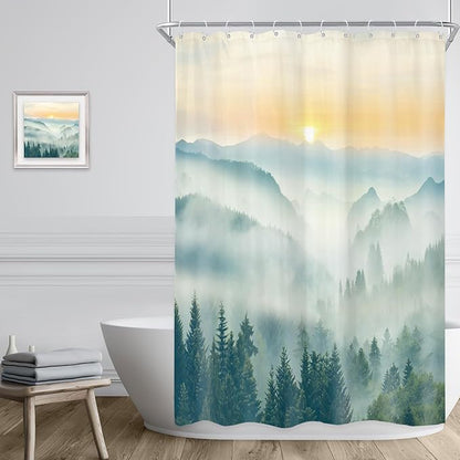 Riyidecor Small Stall Mountain Shower Curtain 48Wx72H Inch Rv Narrow Green Sunset Sunrise Scenery Landscape Woodland Greenery View Bathroom Decor Fabric Polyester Waterproof 8 Pack Hooks