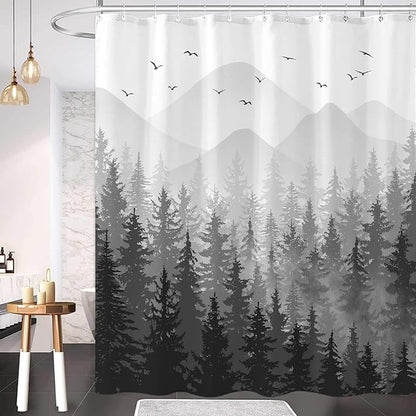 Aipon Black Misty Forest Shower Curtain Gray Ombre Nature Tree Plants Shower Curtains Fabric Waterproof Mountain Shower Curtain Sets for Bathroom Bath Decor with 12 Hooks (Black, 72'' × 78'')