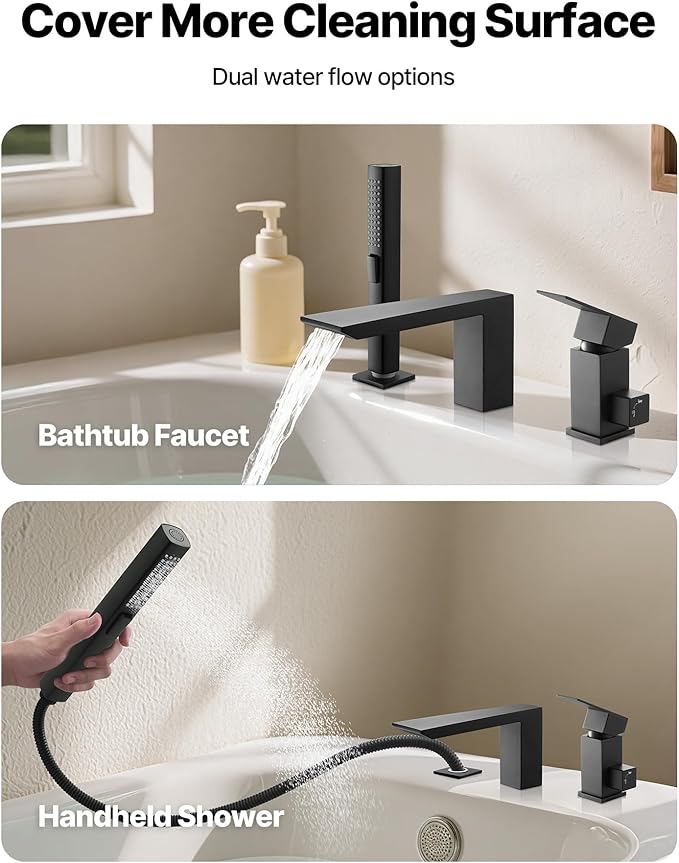 VEVOR Roman Tub Faucet, 3 Hole Waterfall Bathtub Faucet, Roman Bathtub Faucets Set with Shower Head & 1 Handle, Romans Bathtub Faucets for Pet Washing, Adult Bathing, Matte Black, Stainless Steel