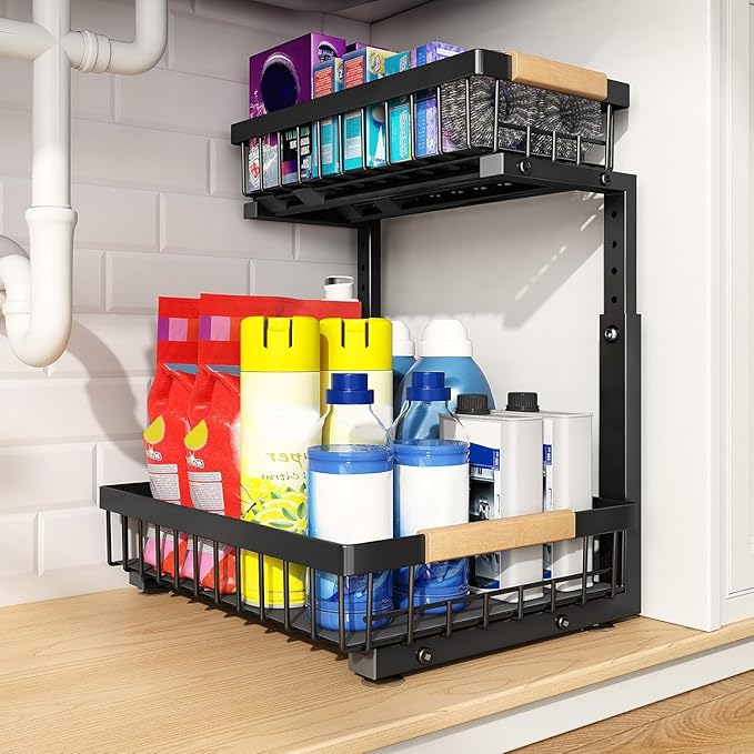 PXRACK 1 Pack Under Sink Organizer,Adjustable Height,2 Tier Pull Out Under Cabinet Organizer,Slide Out Thickened Metal Under Sink Storage for Kitchen Bathroom Laundry Cabinet Pantry,Black(L)
