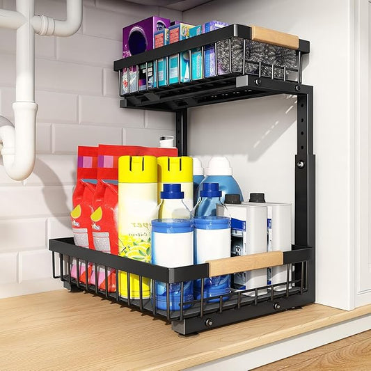 PXRACK 1 Pack Under Sink Organizer,Adjustable Height,2 Tier Pull Out Under Cabinet Organizer,Slide Out Thickened Metal Under Sink Storage for Kitchen Bathroom Laundry Cabinet Pantry,Black(L)
