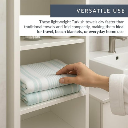 Maisonette Turkish Bath & Beach Towels - 2 Pack (36"x71"), Quick-Dry Cotton Peshtemal for Bath, Beach, Travel, Absorbent, Lightweight, Bathroom, Hammam, and Spa Towels with Eyelash Fringe, Blue (Aqua)