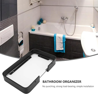 Black Bathroom Glass Shelf Bracket for Shampoo and Cosmetics Storage Floating Wall-Mounted Organizer Rack Stylish Corner Shelf for Modern Bathroom