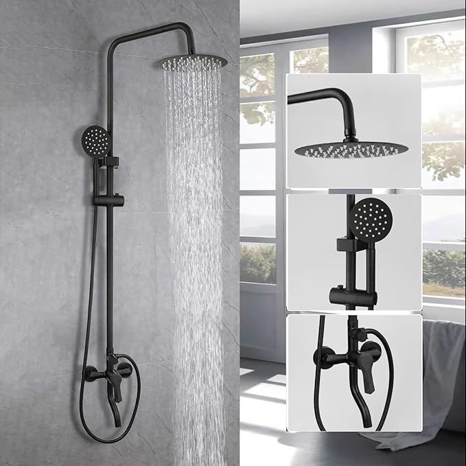 Exposed Shower System 8 Inch Rainfall Shower Head Matte Black Outdoor Shower Fixture 3 Function Stainless Steel Wall Mount Shower Faucet Set with Handheld Sprayer and Tub Spout
