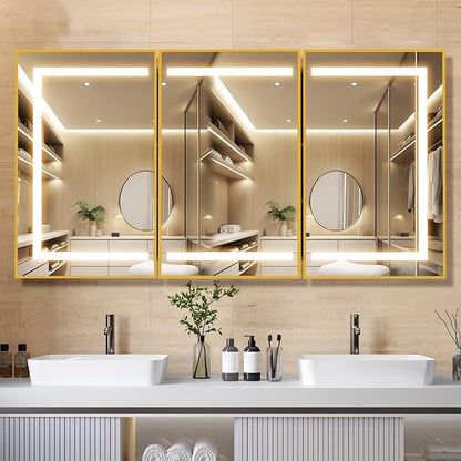 APRILSOUL 48X32 Inch Gold Bathroom Medicine Cabinet with Mirror, Recessed or Surface Lighted Medicine Cabinet with 3 Colors Temperature, Dimmable Light