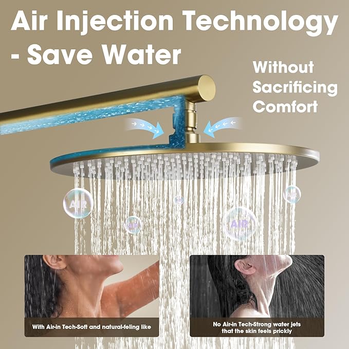 TRUSTMI 12-Inch Brushed Gold Shower System, Brass Wall Mounted Rainfall Shower Set (Contain Concealed Pressure Balance Rough-in Valve Body and Trim)