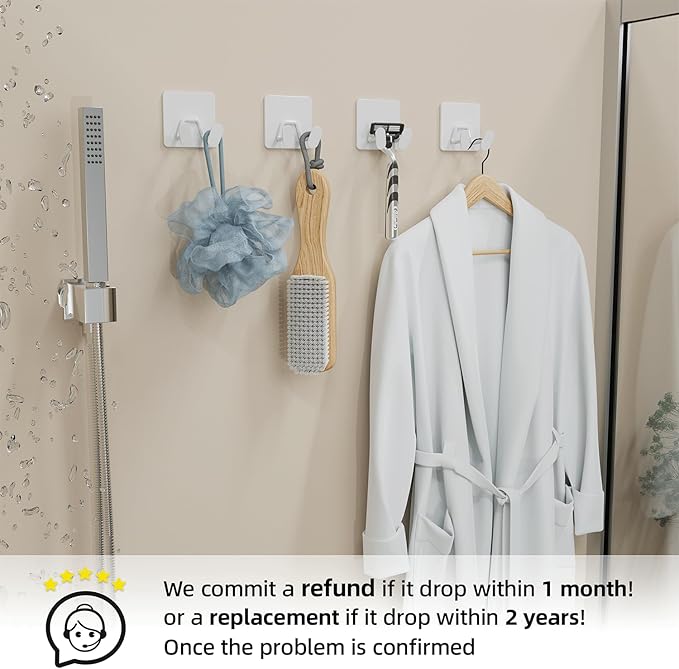 Adhesive Shower Hooks for Bathroom - Extra Sticky Stainless, Wall Hooks for Hanging Towel, Razor, Loofah, Robe, Coat, Heavy Duty Hanger for Kitchen, Bedroom, Door, Metal, Matt White, 6 Pack