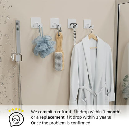 Adhesive Shower Hooks for Bathroom - Extra Sticky Stainless, Wall Hooks for Hanging Towel, Razor, Loofah, Robe, Coat, Heavy Duty Hanger for Kitchen, Bedroom, Door, Metal, Matt White, 6 Pack