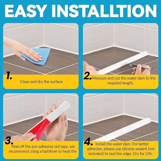 67'' Collapsible Shower Threshold Water Dam Shower Barrier Keeps Water Inside Threshold Dry and Wet Separation Retention System Suitable for Bathroom Kitchen Sink Bathtub