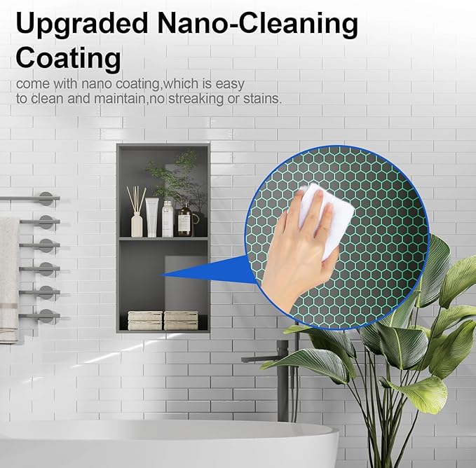 Bathbliss Shower Niche, No‑Tile Recessed Wall Niche, 11.18"x22.3" SUS304 Stainless Steel Double Shelf, Leak‑Proof Waterproof for Bathroom Storage, Grey Shower Niche