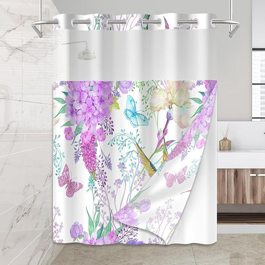 No Hook Shower Curtain with Snap in Liner for Bathroom,with See Through Top Window, Double Shower Curtain with Detachable Fabric Liner Replacement, Machine Washable, Purple Floral, 71"x 74"