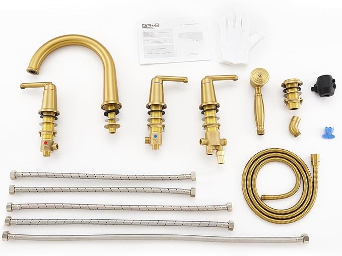 Roman Tub Faucet Set with Hand Shower, KRUZOO Bathtub Faucet Set Trim Kit with Rough-in Valve, Deck Mount Widespread 5 Hole Brass Tub Filler, KZ-9609BG, Brushed Gold