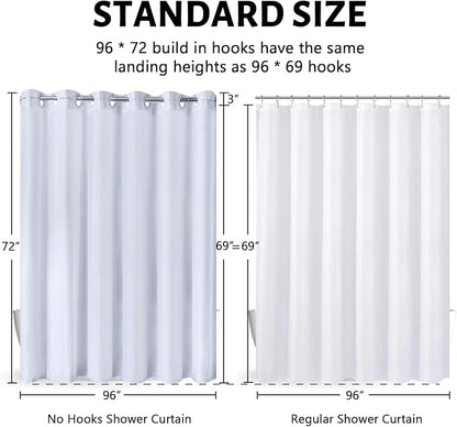 Furlinic Extra Wide No Hook Shower Curtain,96 Inch Width White Fabric Shower Curtains with 12 Plastic Built-in Hooks,Waterproof & Machine Washable Hotel Style for Bathroom,96x72 Inch