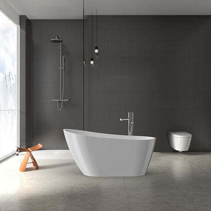 59'' Deep Soaking Acrylic Freestanding Bathtub, Modern White Tub for Bathrooms with Non-Slip Base, Chrome Drain, cUPC Certified Free Standing Bath Tub