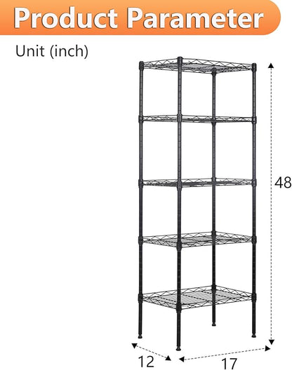 BestOffice | 5-Tier Wire Storage Shelves | 17x12x48 | Black | with Adjustable Racks | Heavy-Duty Metal Shelf, Holds Upto 750 lbs | No-Tool Assembly | Ideal for Home & Garage Shelving