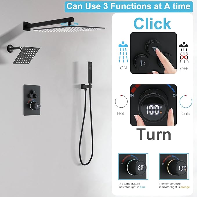 Digital Display Dual Head Shower system Rain Shower System Shower Wall Mount 10 Inch Ceiling Shower Head with 6 Inch Shower Head with shower handheld(Matte Black)