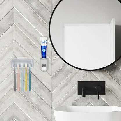5 Slots Wall Mount Toothbrush Holder with Cover, Self Adhesive Toothbrush Storage Organizer for Shower, Toothbrush Hanger with Automatic Toothpaste Squeezer Dispenser (Grey)