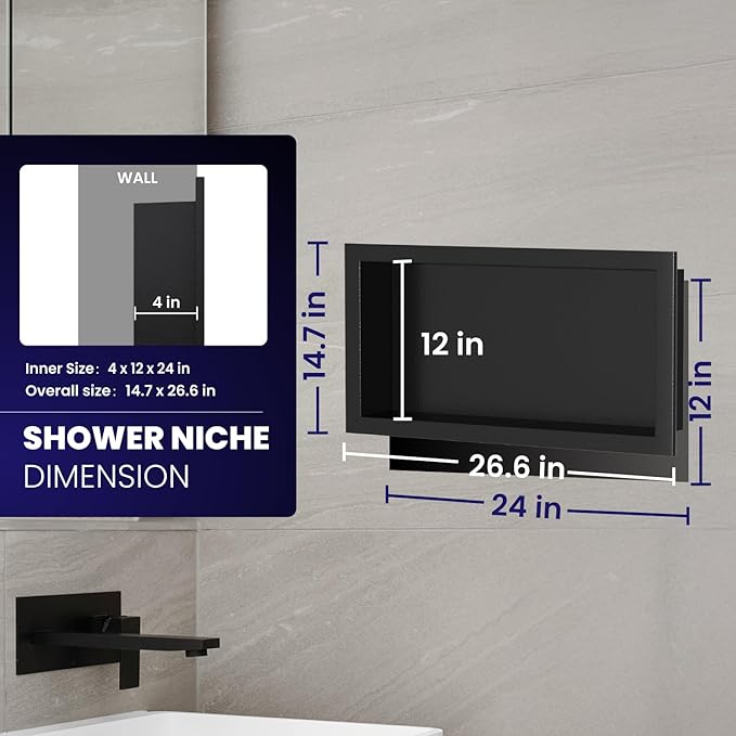 Stainless Steel Shower Niche 12" x 24", Single-Layer Wall Mounted No Tile Needed, Recessed Shower Niche with Hollow Partition, Shower Niches Shelf for Bathroom Organizer, Black