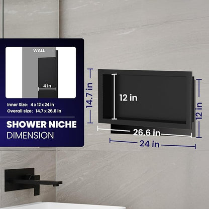 Stainless Steel Shower Niche 12" x 24", Single-Layer Wall Mounted No Tile Needed, Recessed Shower Niche with Hollow Partition, Shower Niches Shelf for Bathroom Organizer, Black