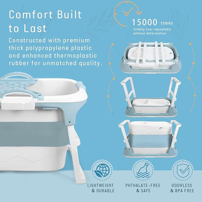 Portable Bathtub, 39 inch Portable Folding Bathtub for Adult, Portable Soaking Bath Tub with Ergonomic Seat & Massage Roller, Freestanding Surround Collapsible Tub for Hot Bath Ice Bath (Blue)